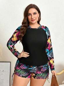Swim Lushoire Traje de baño tankini de talla grande con estampado de plantas tropicales, elegante y deportivo, de corte holgado, para vacaciones de verano y playa - Multicolor - Ver 7