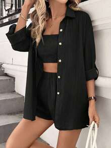 Conjunto de dos piezas de mujer en tela tejida color caqui: Top corto casual con cuello y pantalones cortos con mangas a la muñeca y detalles de bolsillo, para vacaciones - Negro - Ver 5
