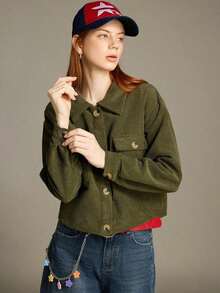 Chaqueta casual de mujer de un solo pecho con bolsillo, de unicolor y manga larga, para otoño - Verde militar - Ver 5