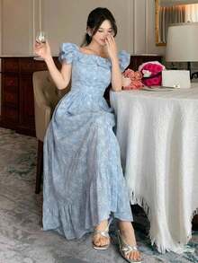 Vestido de tirantes, con volantes, estampado floral diminuto, con cuello de pico, estilo para ir al trabajo, vestido largo - Azul - Ver 9