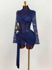 Blusa de encaje para mujer con vestido mini ajustado de tul rojo vintage con cordón en el bajo, estilo bohemio para fiesta - Azul marino - Ver 4