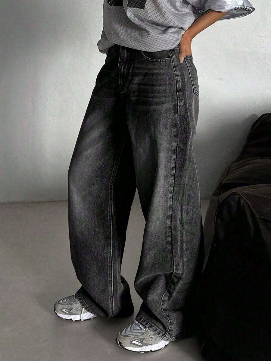 Pantalones vaqueros versátiles y casuales de mujer con bolsillos y estampado de leopardo, estilo Y2K - Gris - Ver 1