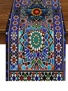1 Pc Watercolor Floral Table Runner Peace Olive Cross Moroccan Style Table Runner Geometric Farmhouse Party Restaurant Table Dish Decor - Purple - View 4