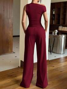 Set de 2 piezas de mujer con top de cuello asimétrico en unicolor y pantalones con bolsillos tejidos - Burdeos - Ver 2