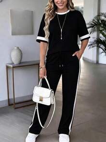 Conjunto de 2 piezas para mujer de primavera/verano, top de manga corta de cuello redondo y contraste de color casual y versátil, y pantalones rectos de cintura alta con cordón - Negro 1 - Ver 2