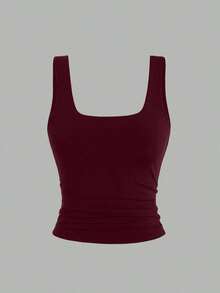 Camiseta sin mangas casual con cuello cuadrado y pliegues de unicolor para mujer - Multicolor - Ver 6