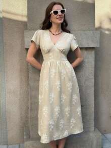 Clasi Vestido de mujer elegante de verano con cuello en V, estampado de flores colocado, bolsillos dobles en la cintura, silueta evasé, adecuado para diversas ocasiones: playa, viajes, uso diario, casa, etc. - Cafetería - Ver 4