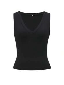 Camiseta de tirantes ajustada con escote en V profundo para mujer  top de punto de unicolor, ropa deportiva para mujer, ropa de carnaval de primavera y verano 2026, adecuada para uso diario, trabajo y casual - Negro - Ver 3