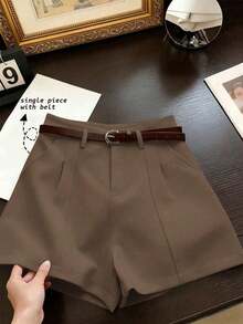 cortos de mujer de estilo minimalista francés, tejidos de unicolor, casuales para ir al trabajo, de cintura alta, con silueta A y pierna ancha, de estilo retro - Marrón - Ver 3