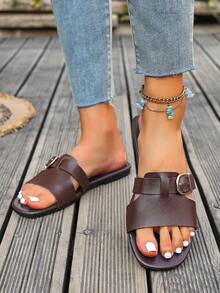 Sandalias planas con hebilla calada para mujer, de moda para playa, resort, estilo bohemio casual y sexy, de piel de PU con calados, para verano - Café integral - Ver 5