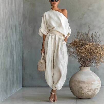 2026 New Arrival Women's Washed Linen White 2-Piece Outfit, Asymmetrical One Shoulder Top & High Waist Baggy Harem Pants With Belt Detail Casual Resort Vacation EOBK