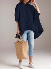 Women's Loose-Fitting, Versatile Batwing Sleeve Button-Down Shirt In A Solid Color, Perfect For Spring And Summer - 淡粉紅色 - 查看 9