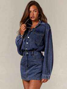 Denim Vestido de mezclilla casual de mujer de manga larga con bolsillo y abotonadura sencilla - Azul marino - Ver 3
