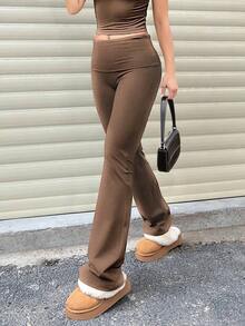 Pantalones Casuales de Mujer de Color Sólido, Cintura Ancha, Corte Ajustado, Plisados, para Primavera - Marrón Mocha - Ver 4