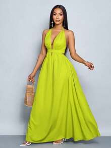xheSOLERSUN Vestido largo de mujer de unicolor con escote halter en V, para vacaciones y playa, con espalda cruzada y anudada, para vacaciones y salidas a la playaxhe - Verde - Ver 6