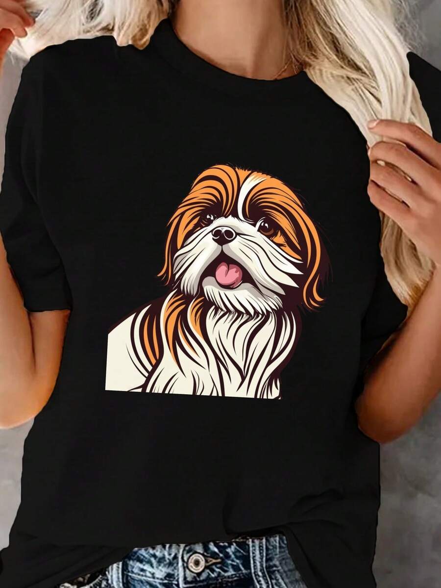 Camiseta estampada 100% algodón para mujer, top de manga corta con cuello redondo para primavera/verano, camiseta con estampado de cachorro adorable, camiseta casual de manga corta para primavera/verano, ropa de mujer. - Negro - Ver 1