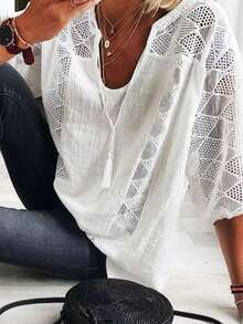 Blusa de encaje con escote en U manga corta siete cuartos diseño hueco elegante - Blanco - Ver 3