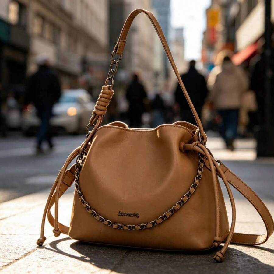 Women's Bucket Bag With Crossbody Chain Strap - Casual And Versatile Style - Khaki - View 1