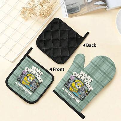 Guantes de horno resistentes al calor y agarraderas de cocina antideslizantes con estampado de cuadros verde claro de Minion MINISO | Para cocinar, microondas y asar | Artículos esenciales de cocina diarios