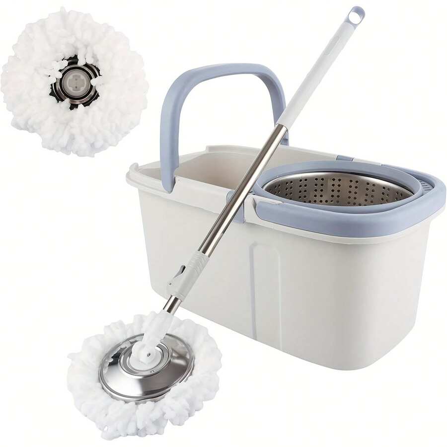 Spin Mop And Bucket Set With Wringer, 360° Spinning Mop And Bucket System With 4 Microfiber Mop Heads And Free Soap Dispenser, Extended Handle Self-Wringing Mop For Hardwood Tile Laminate Floor Cleaning - 藍灰色 - 查看 1