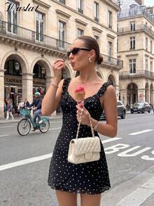 Vestido mini ajustado con cuello en V y volantes de estilo retro francés de verano para mujer Vuslat, adecuado para playa, vacaciones, uso diario, citas, tardes de té y salidas de verano - Negro - Ver 1