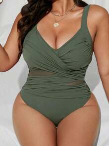 Swim  Traje de baño de una pieza de corte slim, con parches de malla de dos tonos y cruzados, para mujer de talla grande.Ideal para el verano y las vacaciones en la playa. - Verde militar - Ver 4
