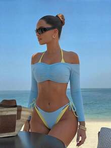Conjunto de 3 piezas de traje de baño negro y blanco para mujer, conjunto de traje de baño casual y sexy de 3 piezas para resort de playa, conjunto de traje de baño de 3 piezas para mujer, Bottom de traje de baño para mujer, conjunto de playa negro y blanco para mujer - Azul - Ver 8