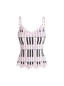 ROMWE Conjunto de 3 piezas con camiseta de tirantes con encaje y estampado de notas musicales y teclado de piano, estilo retro Y2K - Rosa - Ver 3