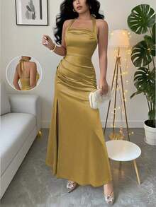 Vestido camisero elegante de color champagne, con tela de satén elástica y abertura lateral de largo maxi - Dorado - Ver 1