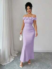 Elegante, encantador y sexy vestido de punto ajustado con hombros descubiertos, fruncido y con estampado floral para fiestas, vacaciones, primavera/verano - Morado - Ver 4
