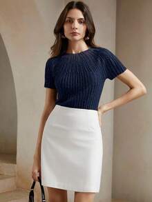 Blusa de punto semitransparente con decoración de strass y mangas cortas elegante para mujer - Azul - Ver 7