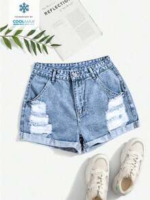 Pantalones cortos de mezclilla casuales y versátiles con bolsillos y efecto desgastado de unicolor - Celeste - Ver 1