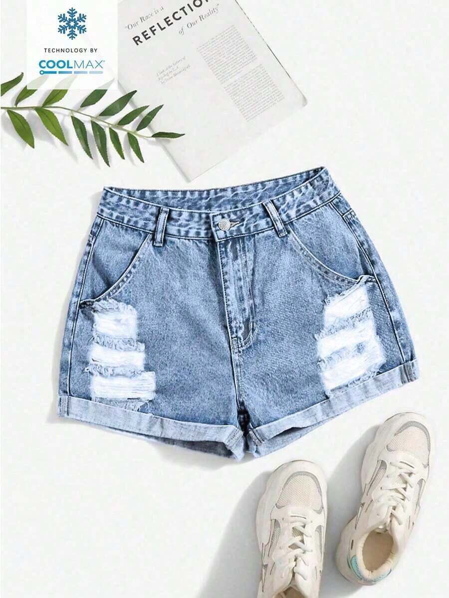 Pantalones cortos de mezclilla casuales y versátiles con bolsillos y efecto desgastado de unicolor - Celeste - Ver 1