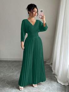 Mono elegante de pierna ancha con escote cruzado en V, mangas tipo murciélago y pliegues, en color liso para mujer - Verde Oscuro - Ver 3