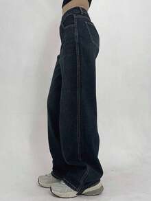 Pantalones vaqueros de pierna ancha con bolsillo en diagonal, pantalones vaqueros anchos - Azul - Ver 6