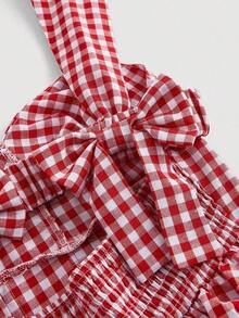 MOD Vestido Rojo & Blanco de Cuadros Plisado con Lazo sin Espalda para Picnic o Vacaciones de Verano - Rojo - Ver 3