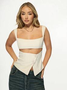 Top corto a medida tipo brasier con cuello cuadrado, detalles de botones, diseño minimalista moderno, sin mangas, ideal para fiestas de verano, eventos nocturnos y looks casuales de negocios, con un diseño estructurado y premium - Albaricoque - Ver 8