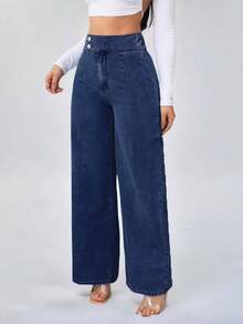 Tall Pantalones vaqueros para mujer de cintura alta, estilo casual, pierna ancha y recta, color azul, para mujeres de estatura alta - Azul lavado oscuro - Ver 2