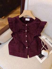 de moda con cuello redondo, abotonada, de manga corta y jacquard, para verano - Rojo - Ver 3