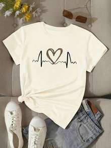 Women's Casual Short-Sleeve T-Shirt With A White Leopard Heart Graphic Print, Regular Fit, Polyester, Round Neck, For A Cute Y2K Look. - 白色的 - 查看 3