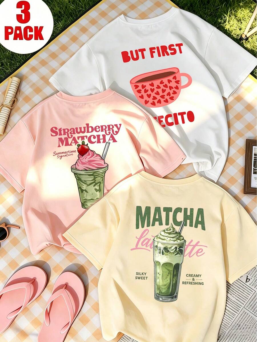 3pcs/Set Tween Girls Students Casual Printed Round Neck Short Sleeve T-Shirt, Summer Tops - Multicolor - View 1
