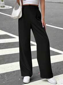 Pantalones rectos de cintura alta de color liso informal - Negro - Ver 6