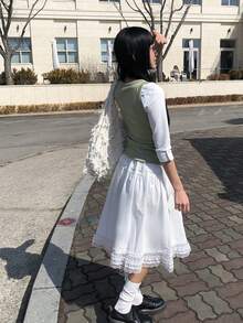 女款蕾絲拼接喇叭下擺優雅甜美裙 - 白色 - 查看 5