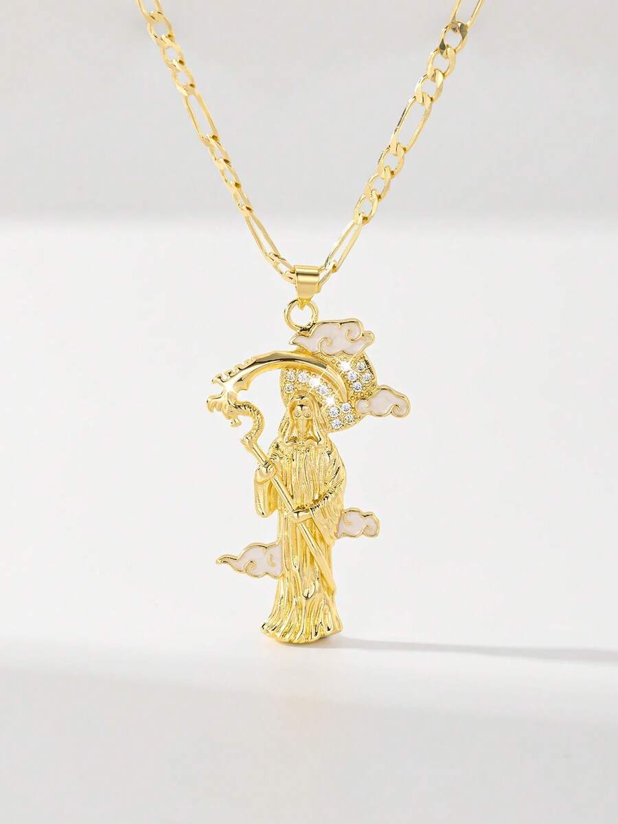 1 pieza Collar con colgante de cadena grande con incrustaciones de cobre y circonita, estilo clásico europeo y americano, edición limitada de San Miguel Arcángel vintage dorado hip hop, adecuado para regalos de Navidad/Acción de Gracias/Halloween/Día de la Madre/Día de San Valentín, Primera Comunión católica, uso diario y festivo - Amarillo Oro - Ver 1