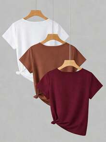 3 piezas Camiseta de mujer de cuello en V de manga corta, tops casuales versátiles clásicos, moda minimalista, adecuada para exteriores, fiestas, estudiantes, maestros, uso diario - Multicolor - Ver 2