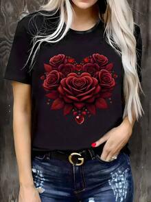 Camiseta Oversize para Mujer para el Día de San Valentín - Negra con Estampado de Corazón de Rosa Roja y Estrella, Talla Grande, Casual, Manga Corta, Cuello Redondo, Lavable a Máquina, Ajuste Cómodo para Primavera/Verano, Camisetas para el Día de San Valentín, Ropa de Primavera/Verano, Camiseta de Corte Relajado, Tela de Fácil Cuidado - Negro - Ver 5