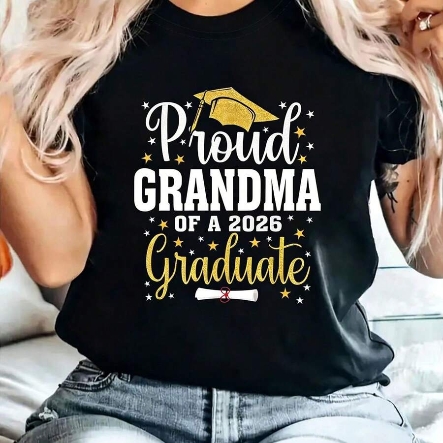Camiseta de Mujer Manga Corta Cuello Redondo - Estampado con Frase 'Abuela orgullosa de un graduado de 2026', Tejido Suave y Cómodo, Ajuste Holgado, Look Casual y Emocional, Regalo Ideal para Graduación, Fiestas y Mamás 2026, Talla Grande