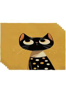 4 Pcs Cat Pattern Placemats Retro Style Placemats Heat Resistant Easy Clean Washable Daily Decorative Placemats Suitable For Kitchen Home Indoor Outdoor Tabletop Coffee Bar Dining Table Tea Party - Yellow - View 10