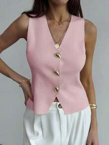 Blusa sin mangas de punto de un solo pecho con tirantes anchos, casual de verano, para otoño/invierno, verano, vacaciones, simple para ir al trabajo, con hebilla metálica única para oficina - Rosa - Ver 1