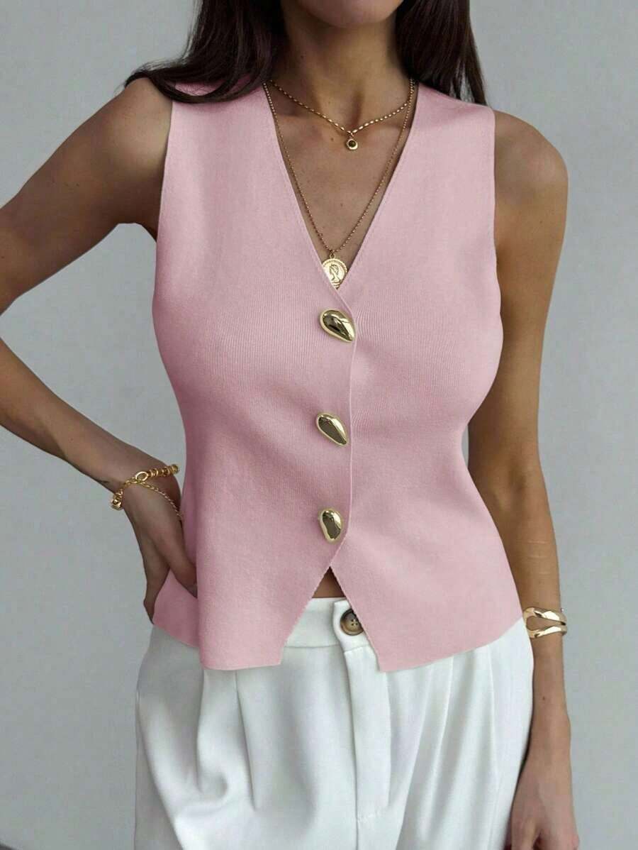 Blusa sin mangas de punto de un solo pecho con tirantes anchos, casual de verano, para otoño/invierno, verano, vacaciones, simple para ir al trabajo, con hebilla metálica única para oficina - Rosa - Ver 1